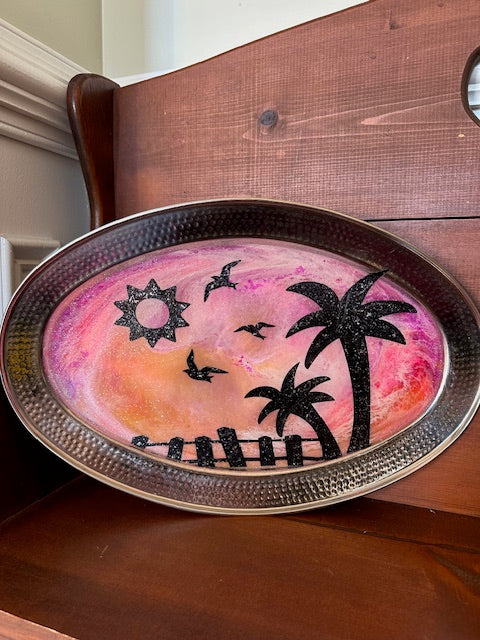 Epoxy Sunset Beach on a Beautiful Silver Tray