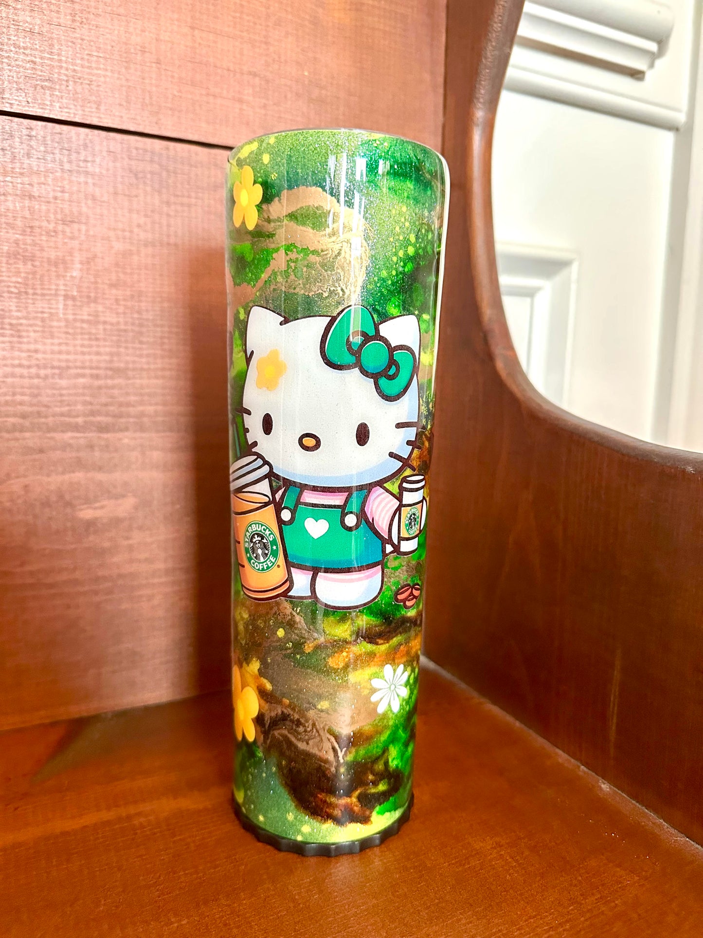30 Ounce Epoxy Tumbler "Green, Kitty & Coffee"